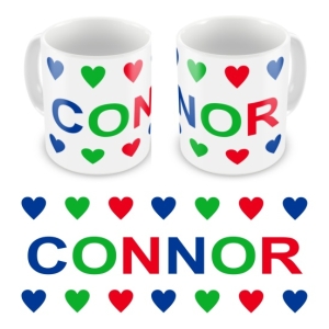 Personalised Kid's Children's 10oz Mugs / Cups - Boy Colours Hearts + Name Design