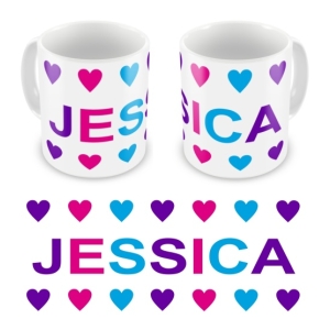 Personalised Kid's Children's 10oz Mugs / Cups - Girl Colours Hearts + Name Design
