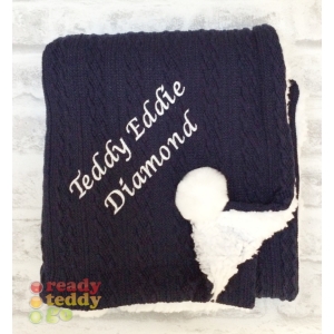 Personalised Baby Blanket Embroidered Any Name Navy Blue Cable Knit Wrap w/ Pom Pom & Sherpa Fabric Back