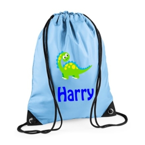 Personalised Cute Dinosaur Any Name Printed Kids Children's School Nursery Drawstring Bag