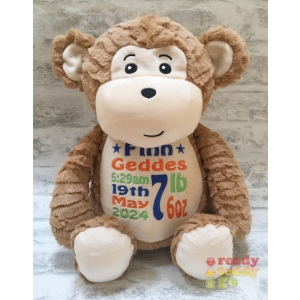 Personalised Teddy Bear - 14 Inch Cubbies Shimmey The Monkey - Embroidered with NAME / TEXT / Baby Birth Details