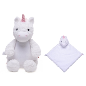 Personalised Cubbies Embroidered Baby Soft Toys - 14 Inch Stardust The White Unicorn Teddy Bear + Comfort Blanket Gift Set