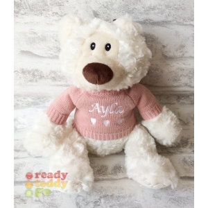Personalised Embroidered Bears - Medium 10 Inch Oliver Cream Teddy Bear Wearing Knitted Jumper.