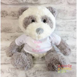 Personalised Teddy Bears - 10 Inch Pandora the Panda Fluffy Soft Toy - Printed on a white T-Shirt.