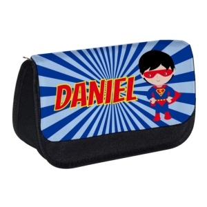 Personalised School Pencil Case For Kids Children featuring Superhero Boy Any Name Printed Design