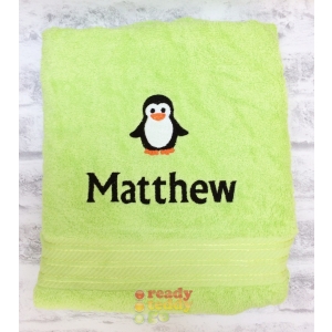 Personalised Bath Towels For Kids - Embroidered Name + PENGUIN Design