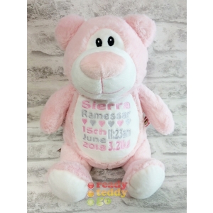 Personalised Teddy Bear - 14 Inch Cubbies Cubbyford The Pink Bear - Embroidered with NAME / TEXT / Baby Birth Details