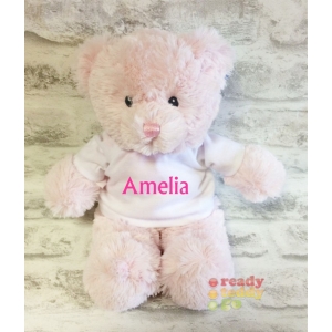 Personalised Teddy Bears - 8 Inch Pink Baby Girl Teddy Bear - Printed on a white T-Shirt - Any Photo, Name / Text or Custom Message