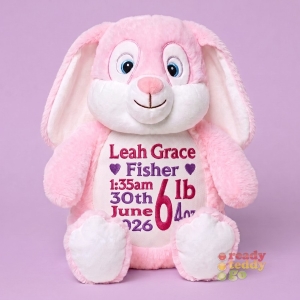 Personalised Teddy Bear - 14 Inch Cubbies Munchkin Pie The Pink Bunny Rabbit - Embroidered with NAME / TEXT / Baby Birth Details
