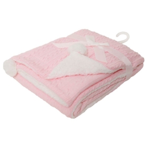Personalised Baby Blanket Embroidered Any Name Pink Cable Knit Wrap w/ Pom Pom & Sherpa Fabric Back