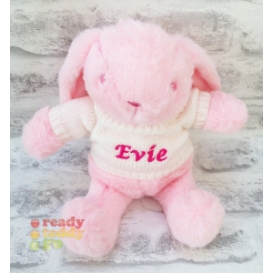 Personalised Small 8 Inch Pink Bunny Rabbit Soft Toy Wearing Cream Jumper