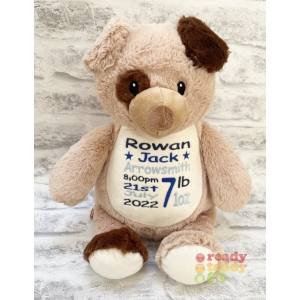 Personalised Teddy Bear - 14 Inch Cubbies Rex The Puppy Dog - Embroidered with NAME / TEXT / Baby Birth Details
