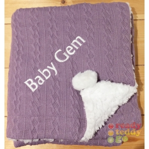 Personalised Baby Blanket Embroidered Any Name Purple Cable Knit Wrap w/ Pom Pom & Sherpa Fabric Back