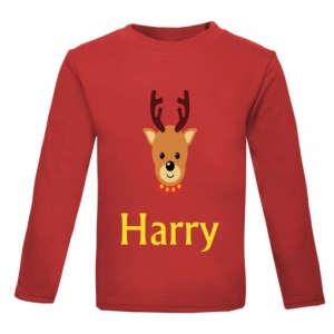 Christmas Reindeer Any Name Childrens Printed T-Shirt