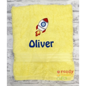 Personalised Bath Towels For Kids - Embroidered Name + ROCKET Design