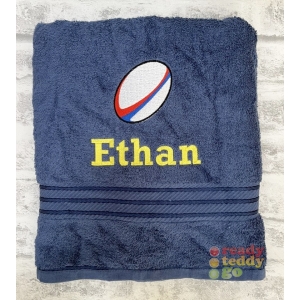 Personalised Bath Towels For Kids - Embroidered Name + RUGBY BALL Design
