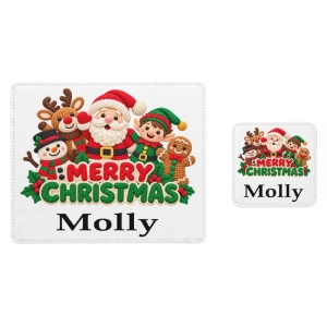 Personalised Children's PU Leather Effect Printed Placemat & Coaster Set - Any Kids Name - Christmas Santa & Friends Yarn Effect Design
