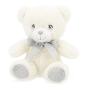 Personalised Teddy Bear - Mini Keel Toys Eco Cream Teddy Bear with Grey Ribbon - Printed T-Shirt - Any Name / Text or Custom Message