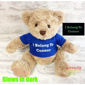 Personalised Medium 10 Inch 25cm Sherwood Teddy Bear Wearing Coloured T-Shirt printed with GLOW in the Dark Vinyl - Any Name / Text or Custom Message