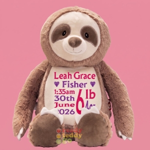 Personalised Teddy Bear - 14 Inch Cubbies Clingy The Sloth - Embroidered with NAME / TEXT / Baby Birth Details