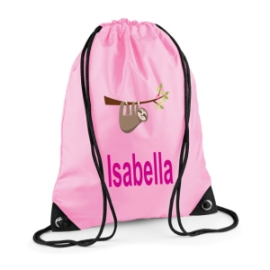 Personalised Sloth Any Name Printed Kids Children's School Nursery Drawstring Bag