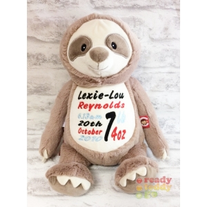 Personalised Teddy Bear - 14 Inch Cubbies Clingy The Sloth - Embroidered with NAME / TEXT / Baby Birth Details