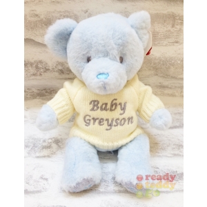 Personalised Embroidered Teddy Bears - Small 8 Inch Keel Toys Eco Baby Boy Blue Teddy Bear wearing Knitted Jumper - Any Name / Text or Custom Message