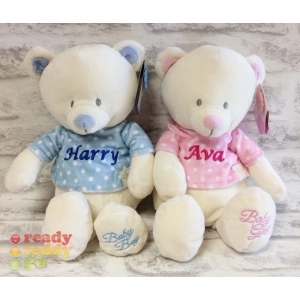 Personalised Embroidered Bears - Small 10 Inch Baby Bear Boy Girl Wearing Spotty T-Shirt