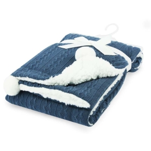 Personalised Baby Blanket Embroidered Any Name Steel Blue Cable Knit Wrap w/ Pom Pom & Sherpa Fabric Back