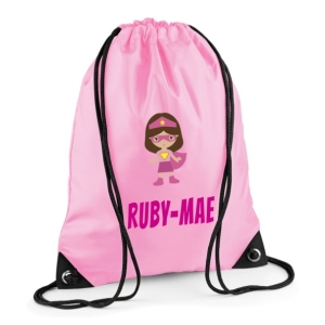 Personalised Superhero Girl Any Name Printed Kids Children's School Nursery Drawstring Bag