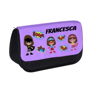 Personalised School Pencil Case For Kids Children featuring Superheroes Girls Any Name Printed Design
