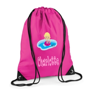 Personalised Swimming Girl Any Name Printed Kids Children's School Nursery Drawstring Bag