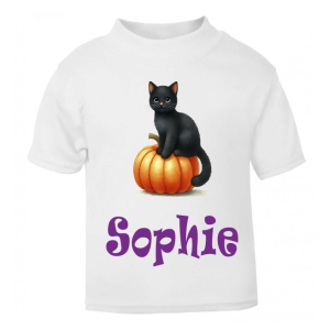 Halloween Black Cat Pumpkin Any Name Childrens Printed T-Shirt