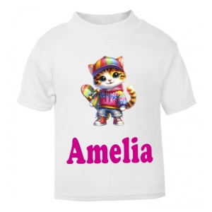 Skate Boarding Cat Any Name Childrens Printed T-Shirt