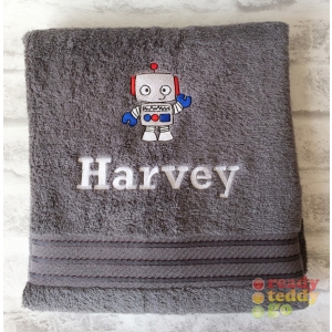 Personalised Bath Towels For Kids - Embroidered Name + ROBOT Design