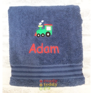 Personalised Bath Towels For Kids - Embroidered Name + TRAIN Design