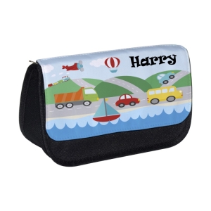 Personalised School Pencil Case For Kids Children featuring Transport Vehicles Any Name Printed Design