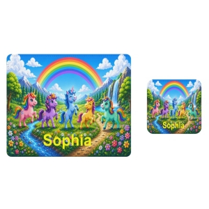 Personalised Children's PU Leather Effect Printed Placemat & Coaster Set - Any Kids Name - Unicorns Scene Design