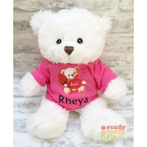 Personalised Keel Toys Eco Large 11 Inch 29cm Harry White Teddy Bear Wearing Coloured T-Shirt printed with "Valentines Day Bear with Roses" Design + Any Name / Text