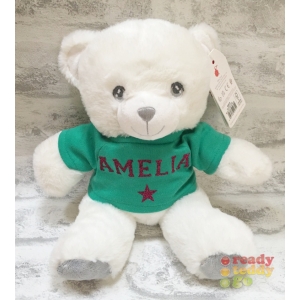 Personalised 8 Inch Keel Toys Eco Cream with Grey Ribbon Teddy Bear Wearing Coloured T-Shirt printed with PLAIN or GLITTER Vinyl