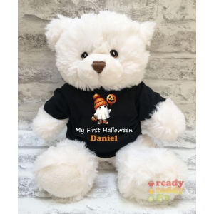 Personalised Keel Toys Eco Large 11 Inch 29cm Harry White Teddy Bear Wearing Coloured T-Shirt printed with "Halloween Ghost Pumpkin" Design + Any Name / Text