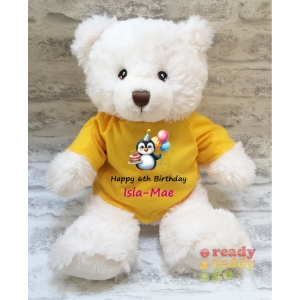 Personalised Keel Toys Eco Large 11 Inch 29cm Harry White Teddy Bear Wearing Coloured T-Shirt printed with "Birthday Penguin" Design + Any Name / Text