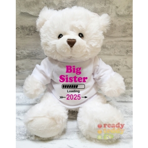 Personalised Keel Toys Eco Large 11 Inch 29cm Harry White Teddy Bear Wearing Coloured T-Shirt printed with "Big / Little Sister Loading Any Year" Design