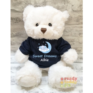 Personalised Keel Toys Eco Large 11 Inch 29cm Harry White Teddy Bear Wearing Coloured T-Shirt printed with "Boy Elephant Sleeping on Cloud" Design + Any Name / Text