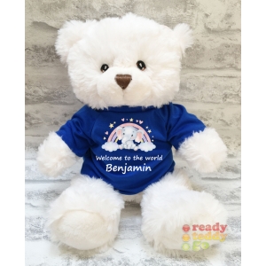 Personalised Keel Toys Eco Large 11 Inch 29cm Harry White Teddy Bear Wearing Coloured T-Shirt printed with "Elephant Rainbow" Design + Any Name / Text