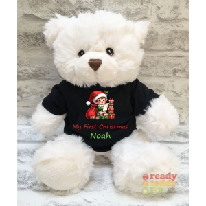 Personalised Keel Toys Eco Large 11 Inch 29cm Harry White Teddy Bear Wearing Coloured T-Shirt printed with "Christmas Elf Presents" Design + Any Name / Text