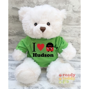 Personalised Keel Toys Eco Large 11 Inch 29cm Harry White Teddy Bear Wearing Coloured T-Shirt printed with "I Heart Henry Hoover" Design + Any Name / Text