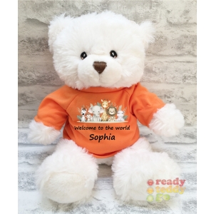 Personalised Keel Toys Eco Large 11 Inch 29cm Harry White Teddy Bear Wearing Coloured T-Shirt printed with "Safari Animals V2 (x6)" Design + Any Name / Text