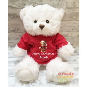 Personalised Keel Toys Eco Large 11 Inch 29cm Harry White Teddy Bear Wearing Coloured T-Shirt printed with "Christmas Santa Bear" Design + Any Name / Text