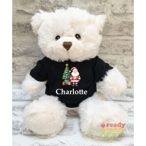 Personalised Keel Toys Eco Large 11 Inch 29cm Harry White Teddy Bear Wearing Coloured T-Shirt printed with "Santa & Christmas Tree" Design + Any Name / Text